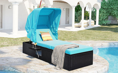 TOPMAX 76.8" Long Reclining Single Chaise Lounge with Cushions,Canopy and Cup Table, Black Wicker+Blue Cushion