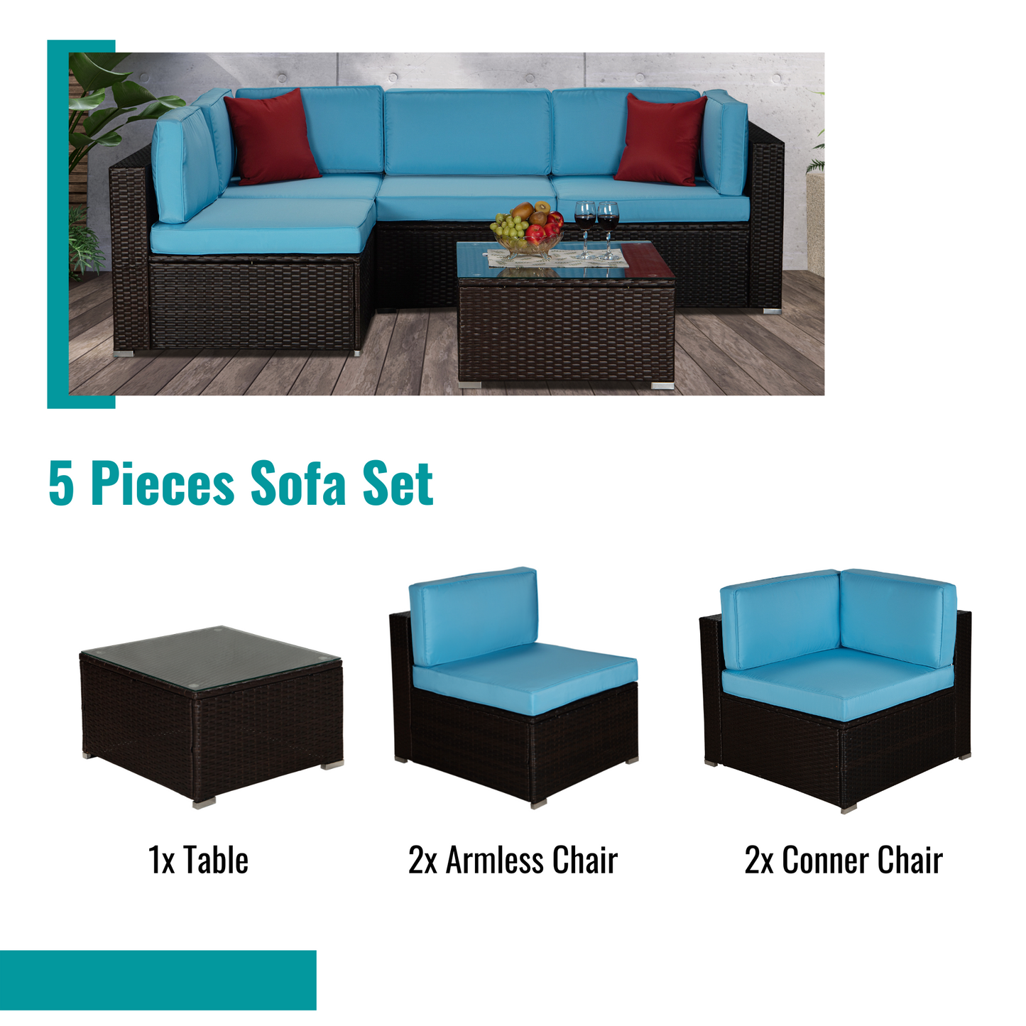 Outdoor Garden Patio Furniture 5-Piece Brown PE Rattan Wicker Sectional Blue Cushioned Sofa Sets with 2 Red Pillows