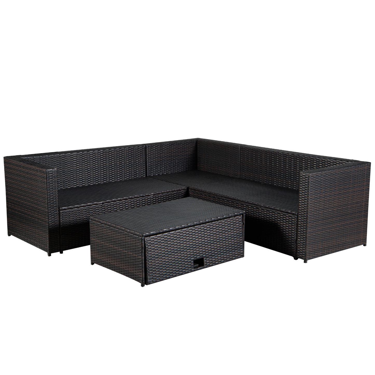 Patio Set 4-Piece Brown Poly Rattan Blue Cushion Combined 2 Blue Pillows Sectional Option Sofa Sets And Multifunctional Table