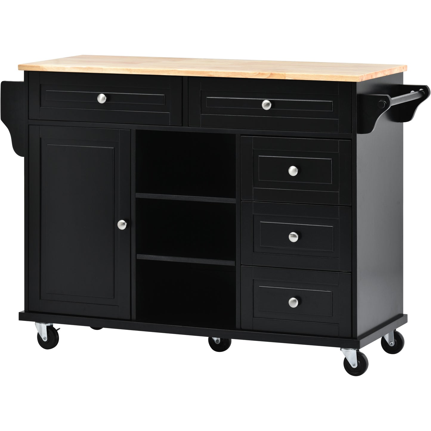 K&K kitchen cart with Rubber wood desktop rolling mobile kitchen island with storage and 5 draws 53 Inch width （Black）