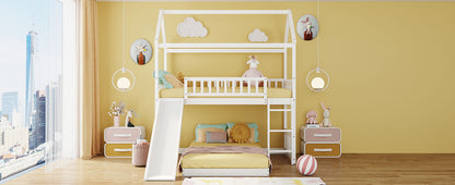 Twin Over Twin Bunk Bed with Slide, House Bed with Slide, White(OLD SKU: LT000214AAK)