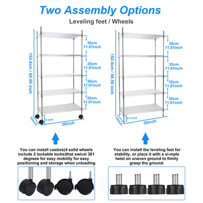 5 Tier Shelf Wire Shelving Unit, NSF Heavy Duty Wire Shelf Metal Large Storage Shelves Height Adjustable Utility for Garage Kitchen Office Commercial Shelving Steel Layer Shelf - Chrome