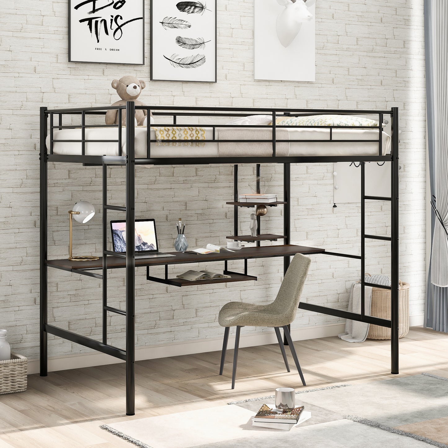 Loft Bed with Desk and Shelf , Space Saving Design,Full,Black（OLD SKU:MF199506AAB）