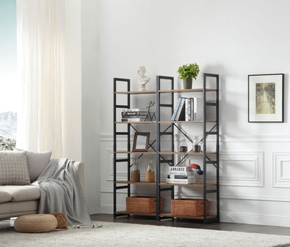 Ladder Shelf Bookcase 5 Tiers | Bookshelf with Open Storage, Metal Frame with Wood Board | Rustic + Black