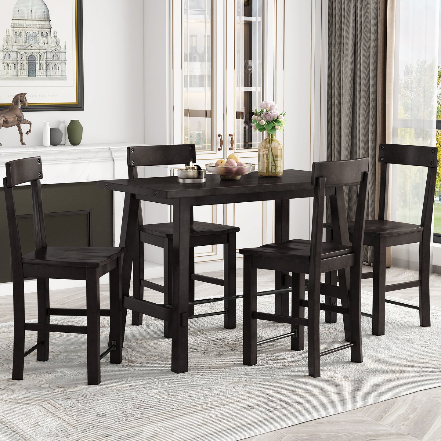 TREXM Minimalist industrial Style 5-Piece Counter Height Dining Table Set Solid Wood & Metal Dining Table with Four Chairs for Small Space (Espresso)