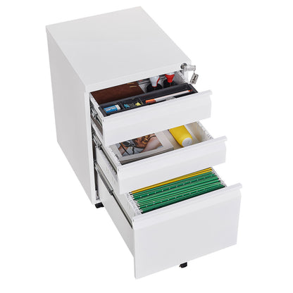 3 Drawer Mobile Locking File Cabinet, Rolling Filing Cabinet for Letter/A4 Size With 5 Wheels,WHITE