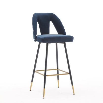 A&A Furniture,Akoya Collection Modern | Contemporary Velvet Upholstered Connor 28" Bar Stool & Counter Stools with Nailheads and Gold Tipped Black Metal Legs,Set of 2 (Blue)