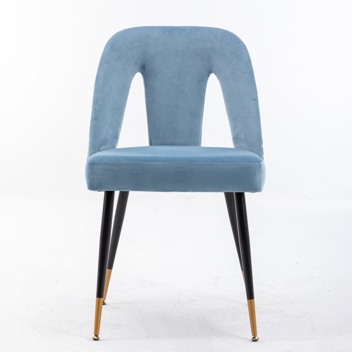 A&A Furniture,Akoya Collection Modern | Contemporary Velvet Upholstered Dining Chair with Nailheads and Gold Tipped Black Metal Legs, Light Blue，Set of 2