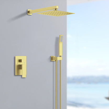 Shower System Shower Faucet Combo Set Wall Mounted with 12" Rainfall Shower Head and handheld shower faucet, Brushed Gold Finish with Brass Valve Rough-In