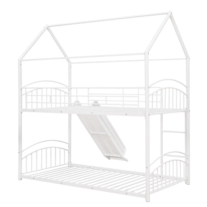 Twin Over Twin Metal Bunk Bed With Slide,Kids House Bed White