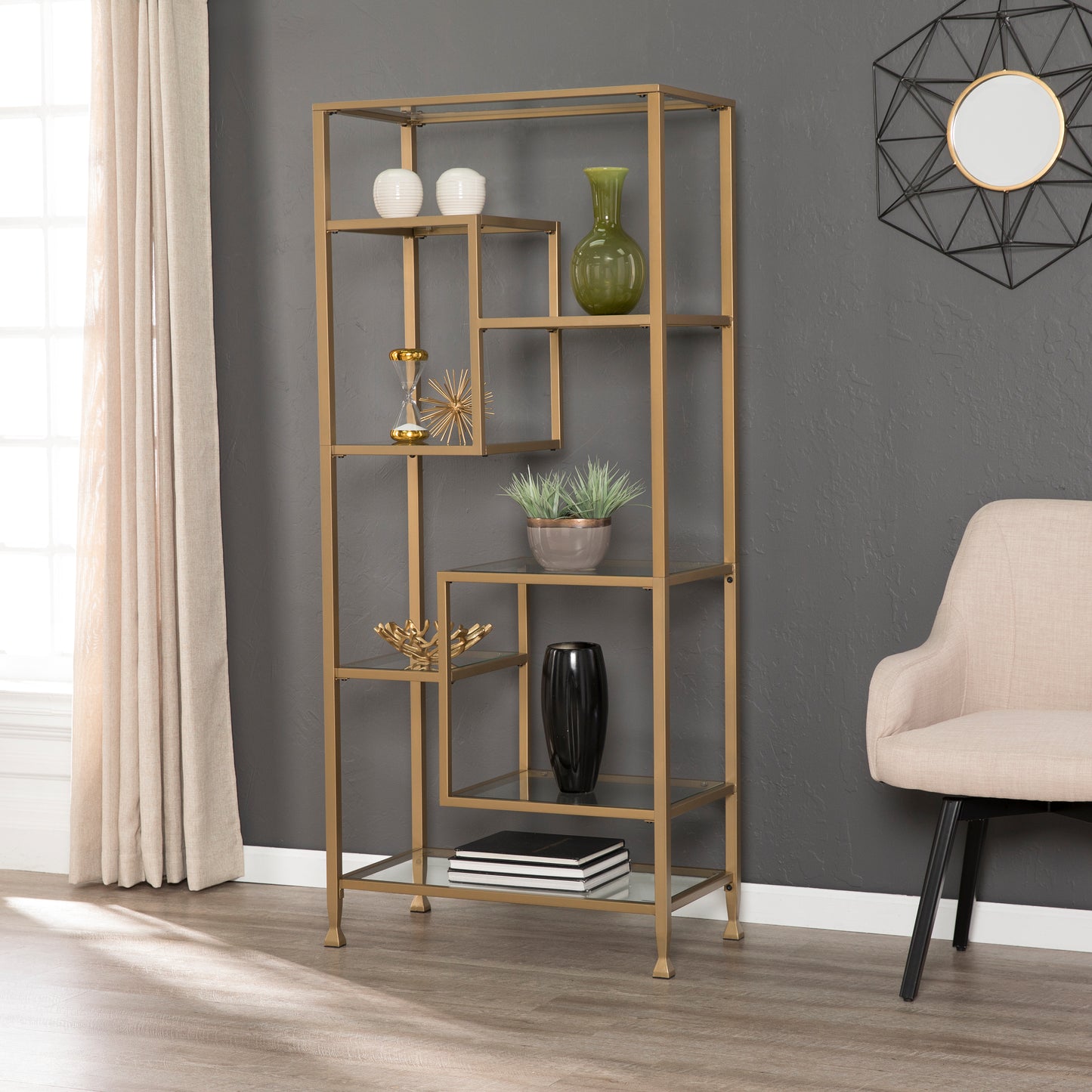 Jaymes Metal/Glass Asymmetrical Étagère/Bookcase - Gold