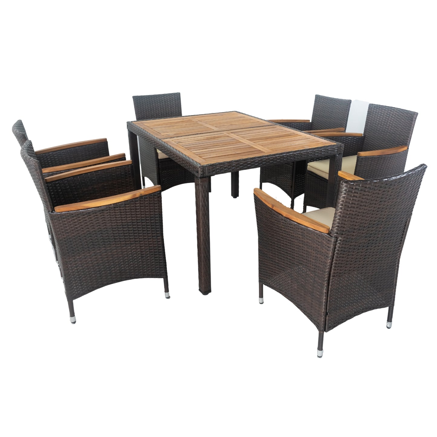 7 piece Outdoor Patio Wicker Dining Set Patio Wicker Furniture Dining Set w/Acacia Wood Top (Brown)