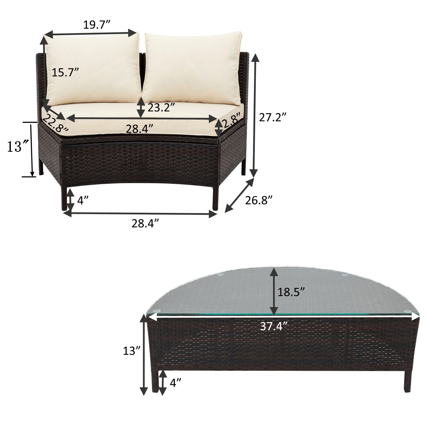 TOPMAX 5 Pieces All-Weather Brown PE Rattan Wicker Sofa Set Outdoor Patio Sectional Furniture Set Half-Moon Sofa Set with Tempered Glass Table, Beige