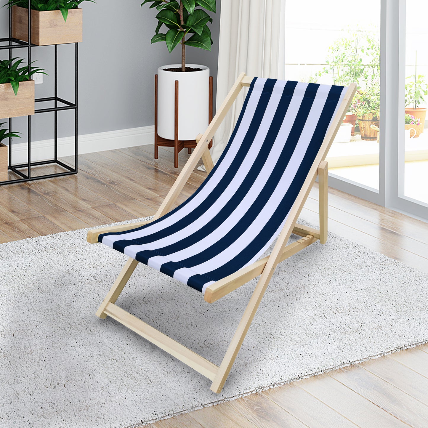 populus wood sling chair blue Stripe Broad blue Stripe （color: Dark blue）folding chaise lounge chair