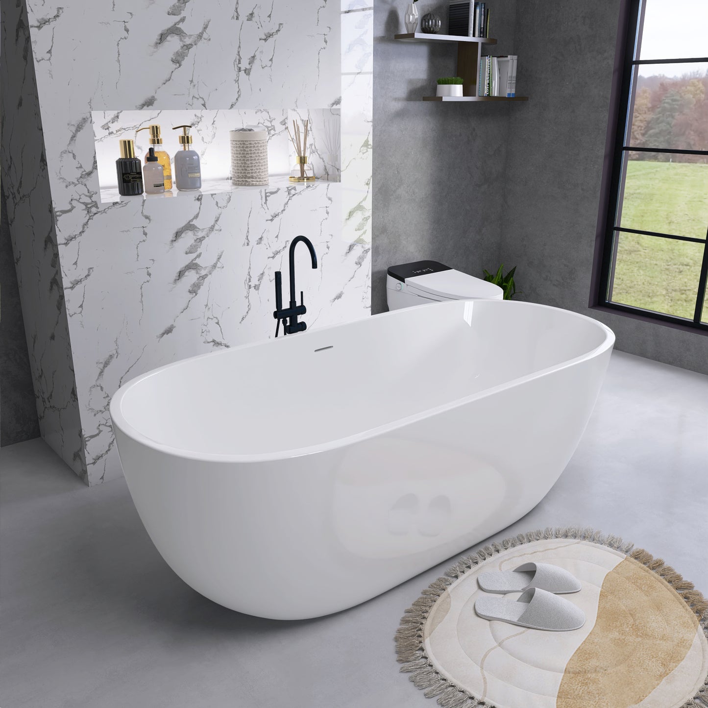 65" Acrylic Free Standing Tub - Classic Oval Shape Soaking Tub, Adjustable Freestanding Bathtub with Integrated Slotted Overflow and Chrome Pop-up Drain Anti-clogging Gloss White