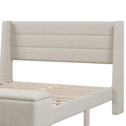 Upholstered Storage Bed Frame with Storage Ottoman Bench, No Box Spring Needed, Queen, Beige