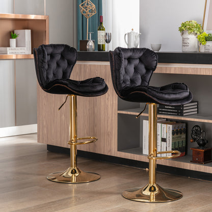 Set of 2  Bar Stools,with Chrome Footrest and Base Swivel Height Adjustable Mechanical Lifting Velvet + Golden Leg Simple Bar Stool-black