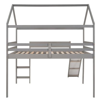 Full Size Loft Bed with Slide, House Bed with Slide,Gray(OLD SKU :WF281161AAE)