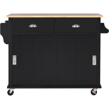 K&K Kitchen Cart with Rubber wood Drop-Leaf Countertop, Concealed sliding barn door adjustable height,Kitchen Island on 4 Wheels with Storage Cabinet and 2 Drawers,L52.2xW30.5xH36.6 inch, Black