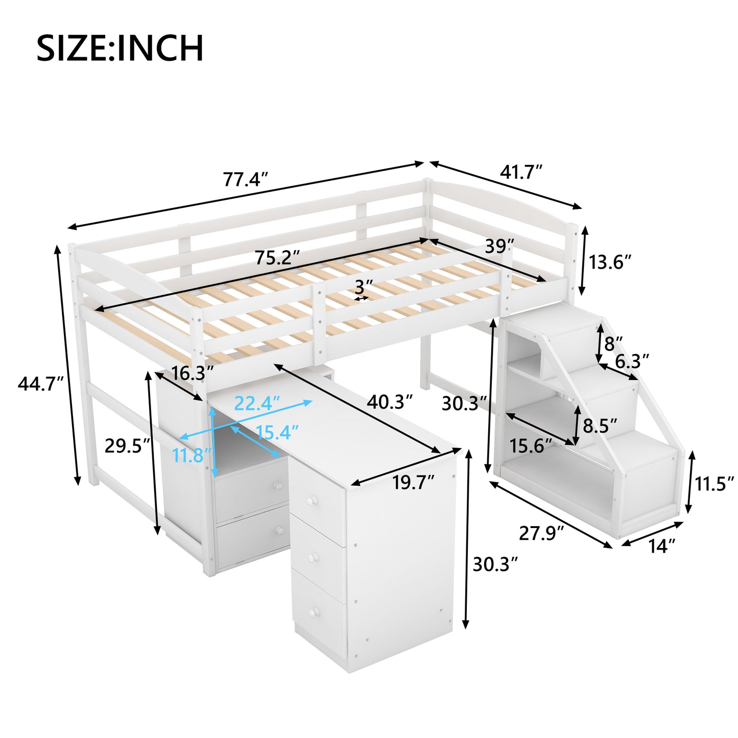 Twin Size Loft Bed with Multifunctional Movable Built-in Desk and and Staircase,White(OLD SKU:GX000925AAK)