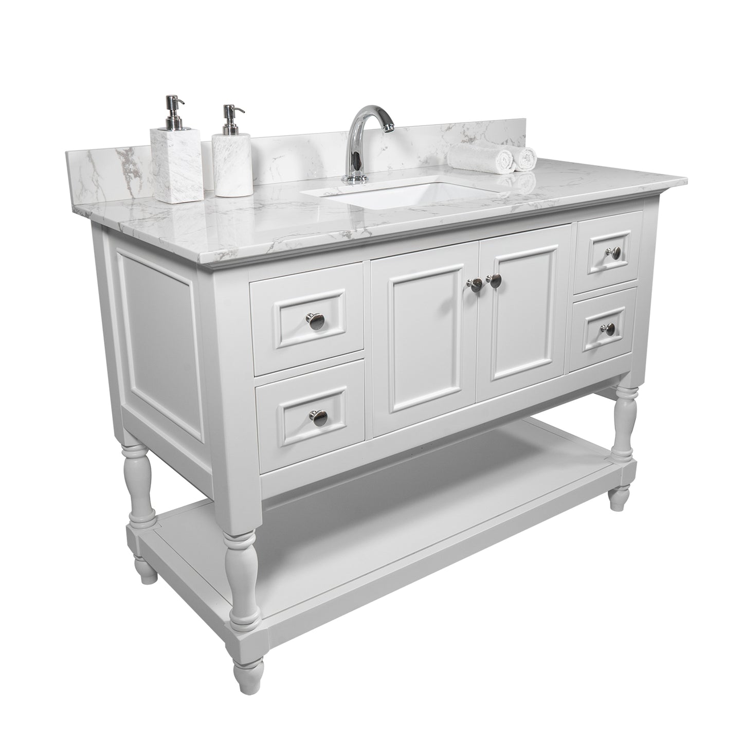 Montary 43‘’x22" bathroom stone vanity top  engineered stone carrara white marble color with rectangle undermount ceramic sink and  single faucet hole with back splash .