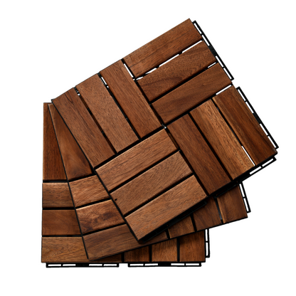 12" x 12" Square Acacia Wood Interlocking Flooring Tiles Checker Pattern Pack of 10 Tiles