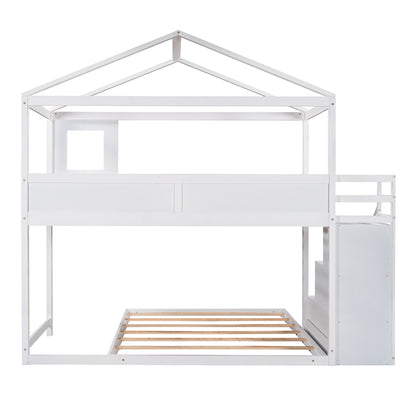 Twin over Full House Bunk Bed with Storage Staircase and Blackboard,White