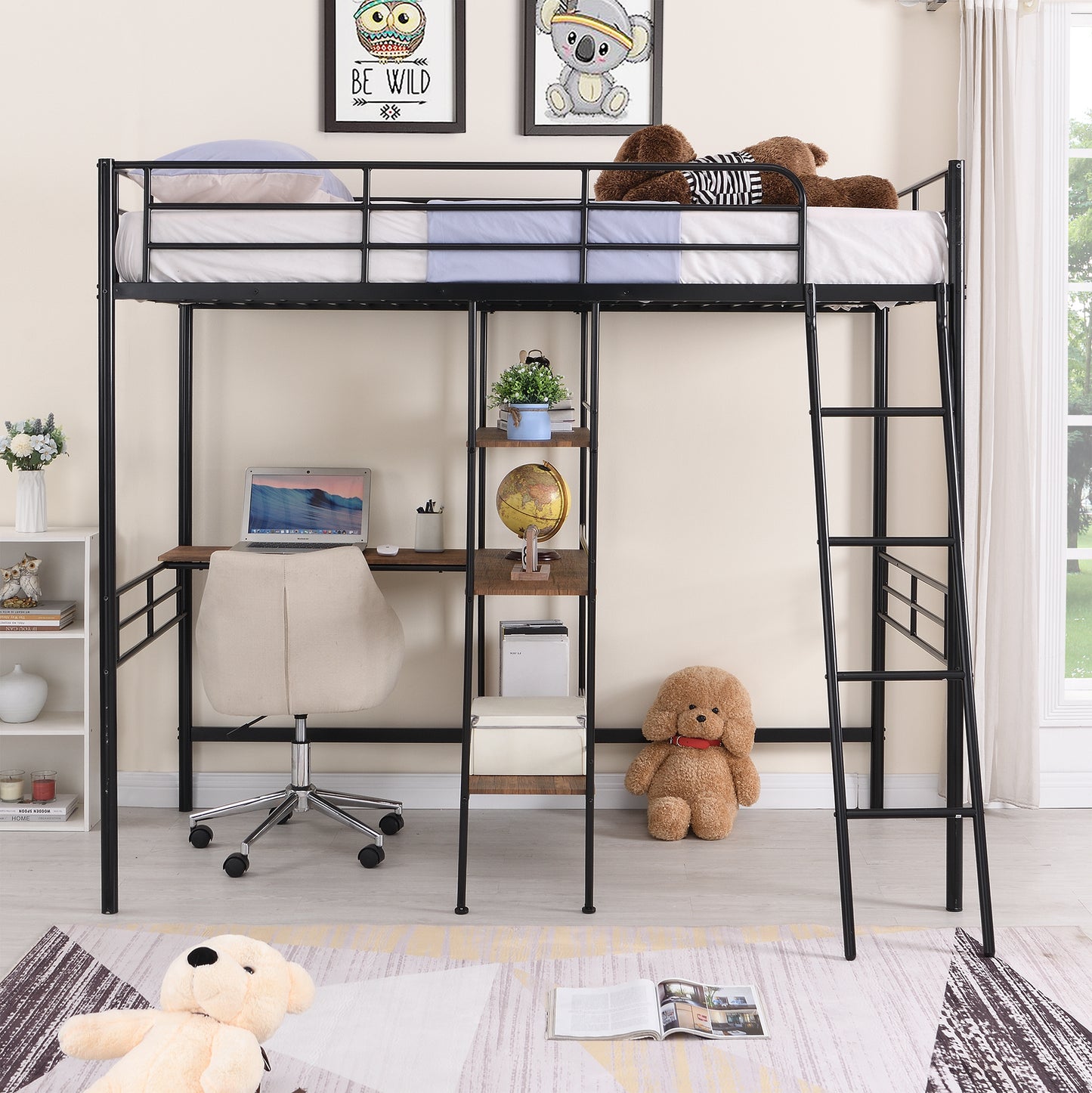 Twin Size Metal Loft Bed and Built-in Desk and Shelves,Black(OLD DKU:WF280270AAB)