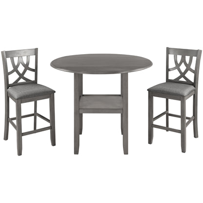 TOPMAX Farmhouse 3 Piece Round Counter Height Kitchen Dining Table Set with Drop Leaf Table, One Shelf and 2 Cross Back Padded Chairs for Small Places, Gray