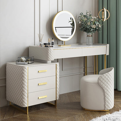 Luxury Makeup Vanity Set with LED Lighted Mirror, Side Cabinet and 5 Drawers, Modern Sintered Stone Dressing Table with Stool, 31.5", White