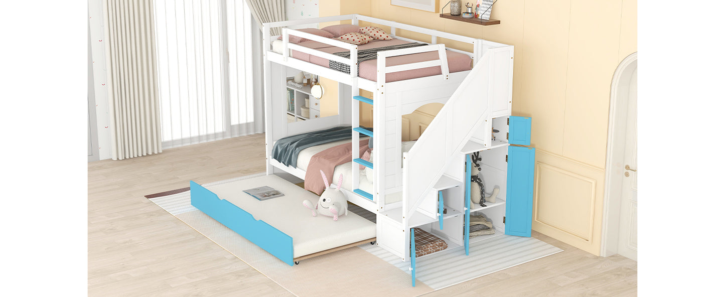 Twin Over Twin Bunk Bed with Trundle ,Stairs,Ladders Solid Wood Bunk bed with Storage Cabinet （White + Blue）