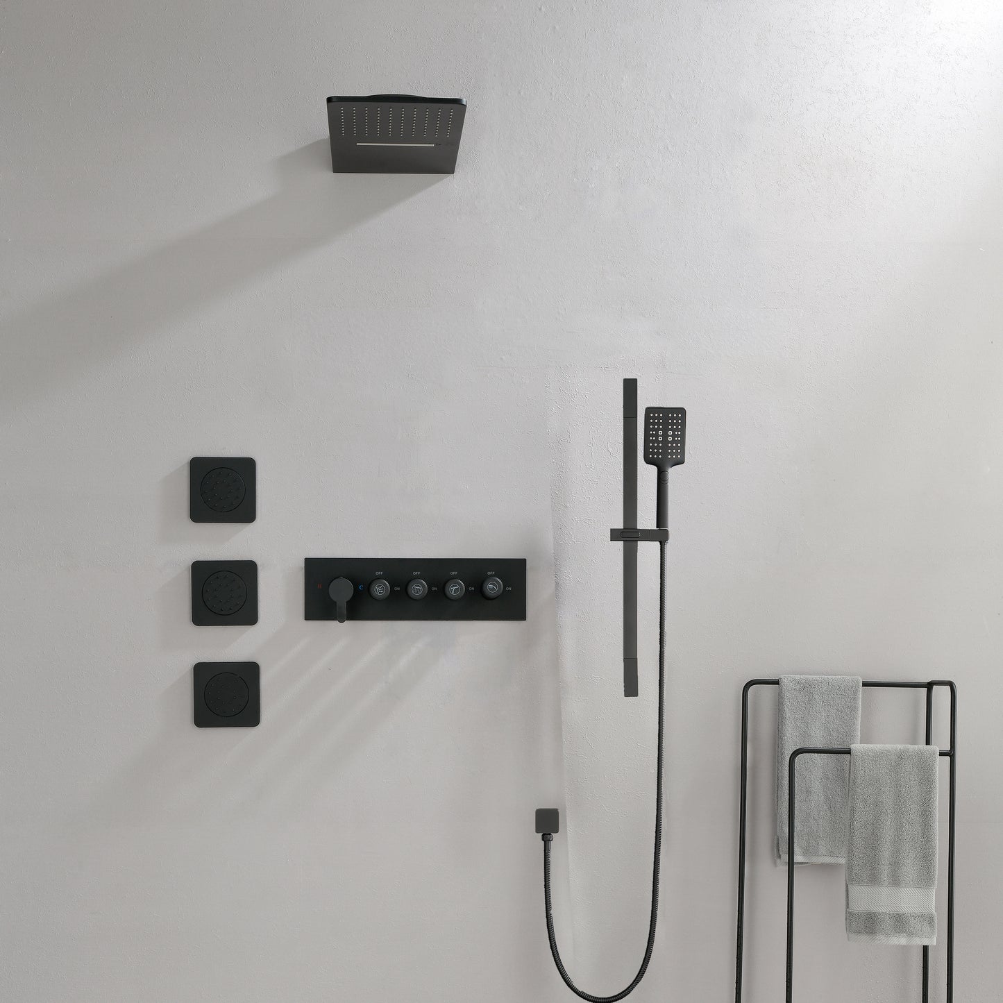 Shower System Square Bathroom Luxury Rain Mixer Shower Combo Set Pressure Balanced Shower System with Shower Head, Hand Shower, Slide Bar, Shower Arm, Hose, and Valve Trim