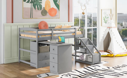 Twin Size Loft Bed with Multifunctional Movable Built-in Desk and and Staircase,Gray(OLD SKU:GX000925AAK)