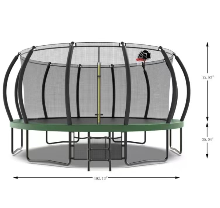 16FT Trampoline Green with Basketball Hoop - Recreational Trampolines with Ladder ,Shoe Bag and Galvanized Anti-Rust Coating