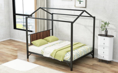 Queen Size Metal House Shape Platform Bed,Black