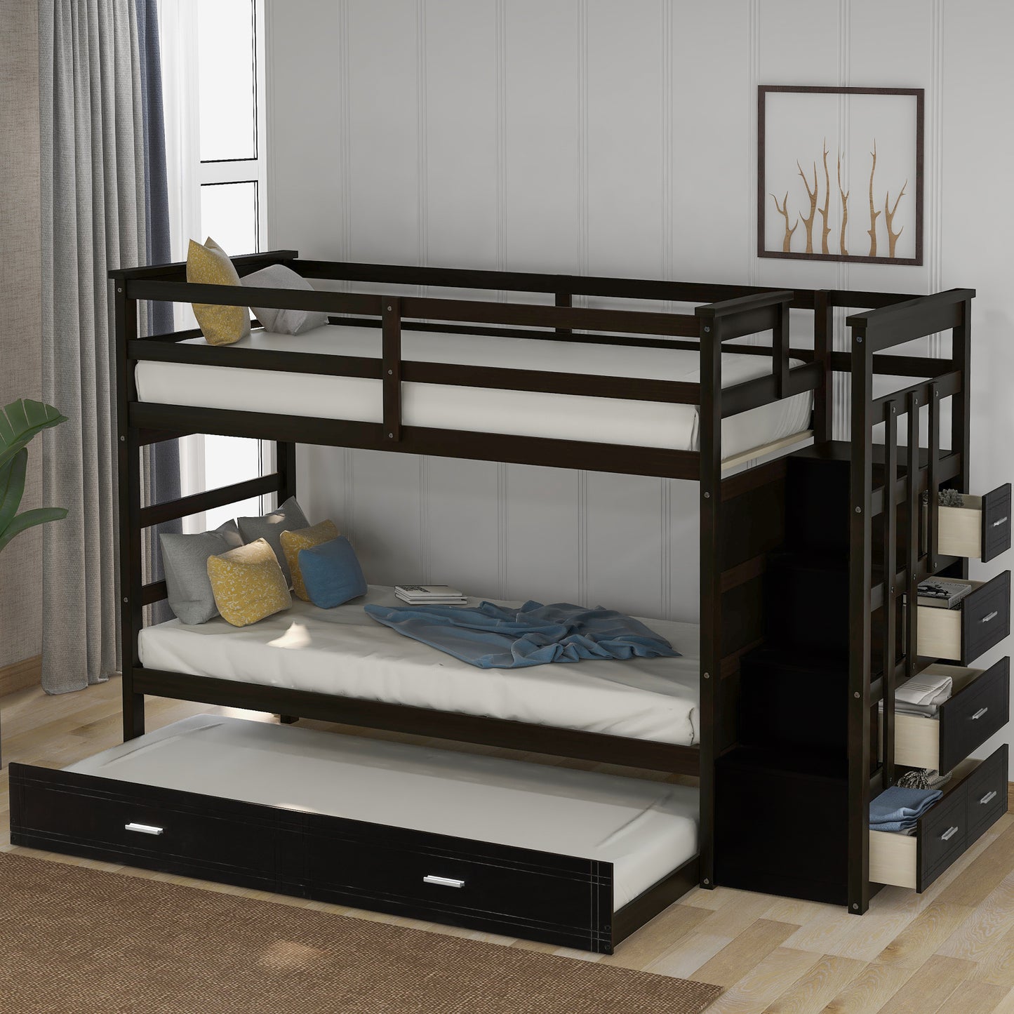 Solid Wood Bunk Bed , Hardwood Twin Over Twin Bunk Bed with Trundle and Staircase, Natural Espresso Finish (OLD SKU: LP000068AAP)