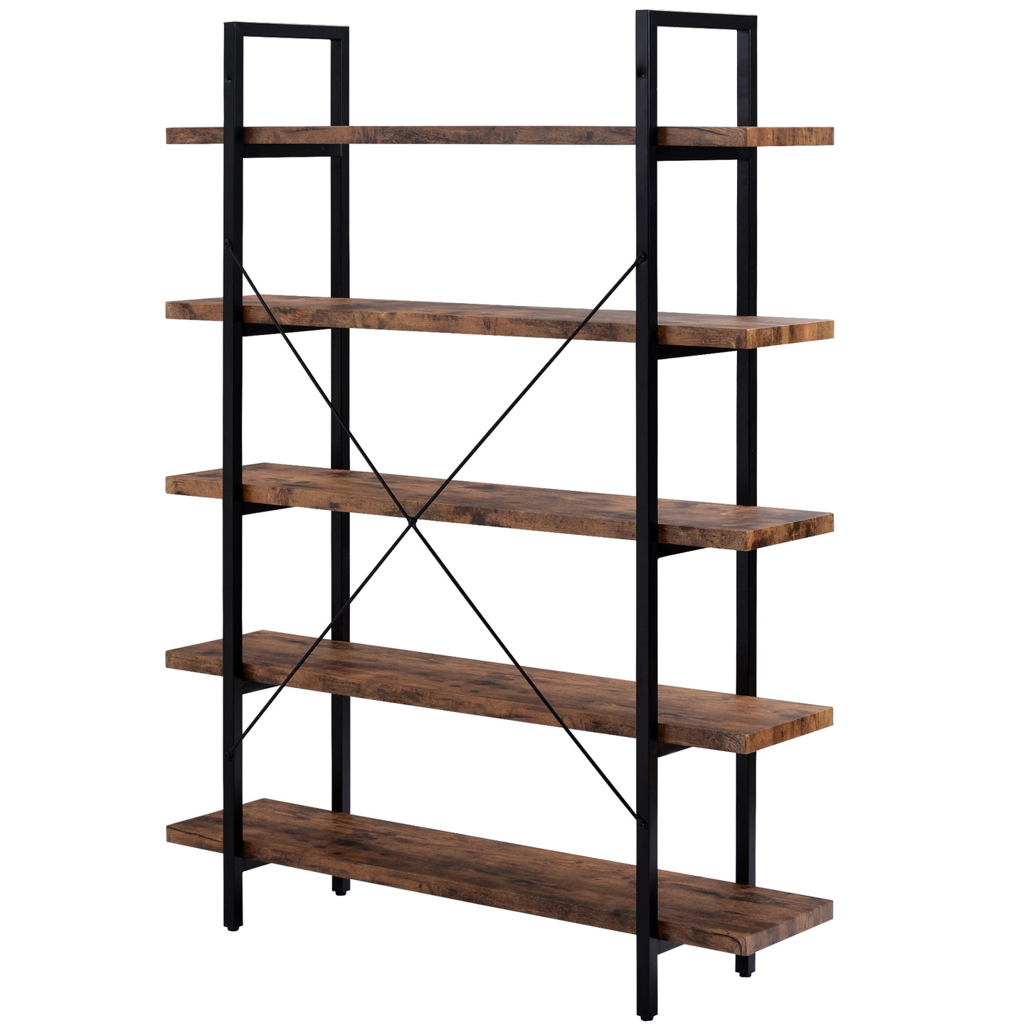 ON-TREND  5-tier Industrial Bookcase with Rustic Wood and Metal Frame, Large Open Bookshelf for Living Room（Distressed Brown）