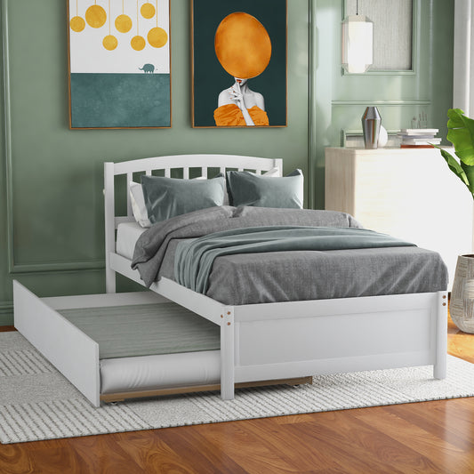 Twin size Platform Bed Wood Bed Frame with Trundle, White