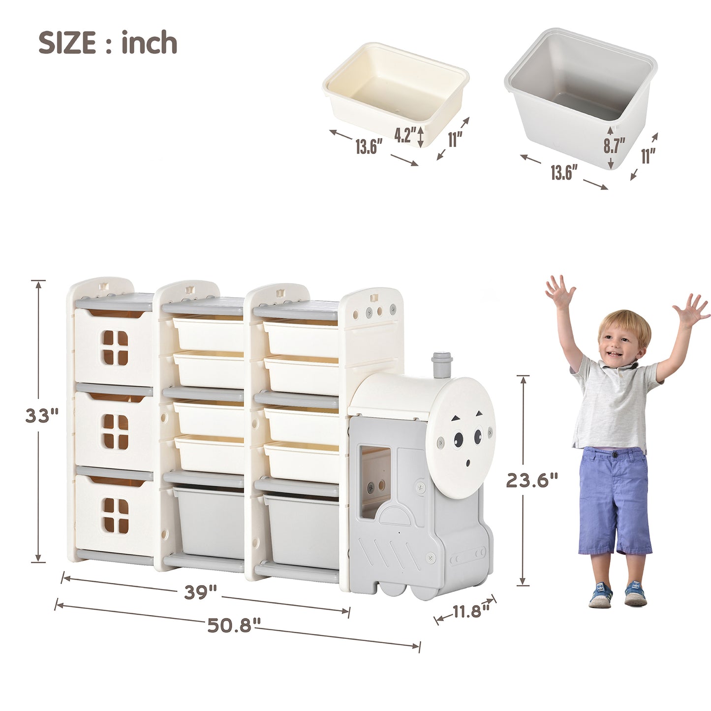 Kids Toy Storage Organizer Bin with 13 Bins and Cabinets, Multi-functional Nursery Organizer Kids Furniture Set Toy Storage Cabinet Unit with HDPE Shelf and Bins for Playroom, Bedroom, Living Room