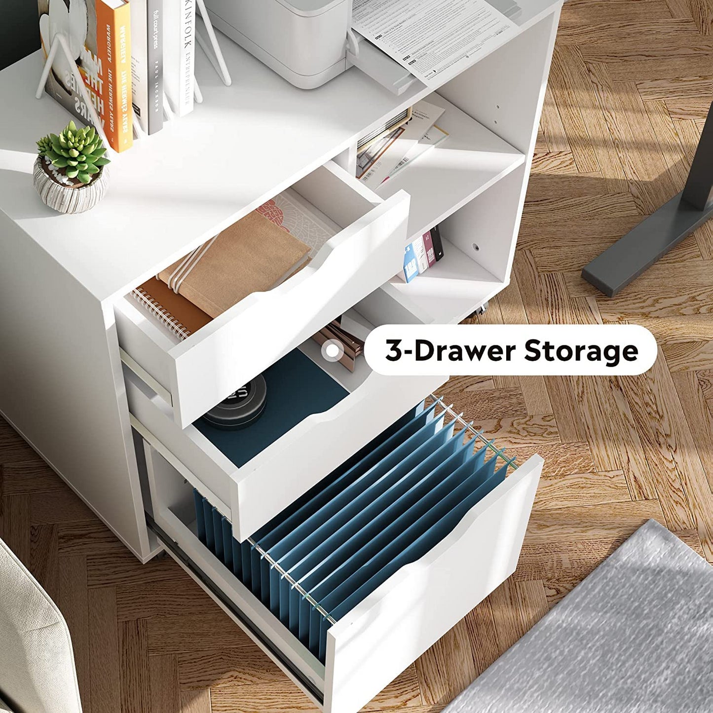 3-Drawer Wood File Cabinet, Mobile Lateral Filing Cabinet, Printer Stand with Open Storage Shelves for Home Office, White