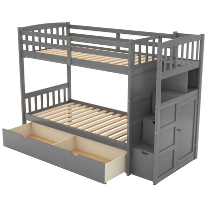 Twin over Full/Twin Bunk Bed, Convertible Bottom Bed, Storage Shelves and Drawers, Gray