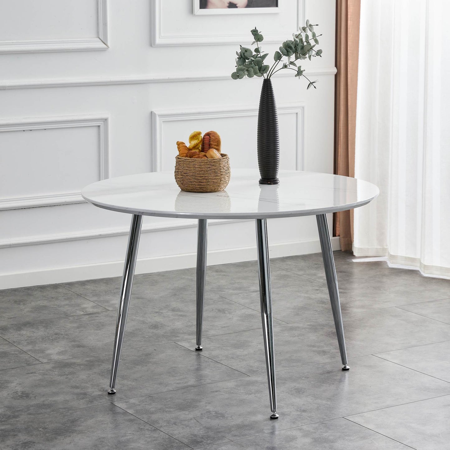 Diameter 44.8 inch MDF Modern simplicity round Imitation solid wood marble grain dining table.Applicable 6-8 persons to dining room and meeting room.