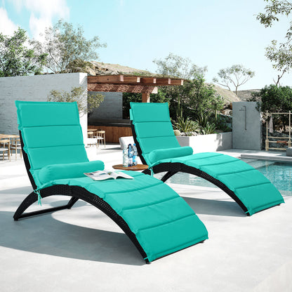 GO Patio Wicker Sun Lounger, PE Rattan Foldable Chaise Lounger with Removable Cushion and Bolster Pillow, Black Wicker and Turquoise Cushion (2 sets)