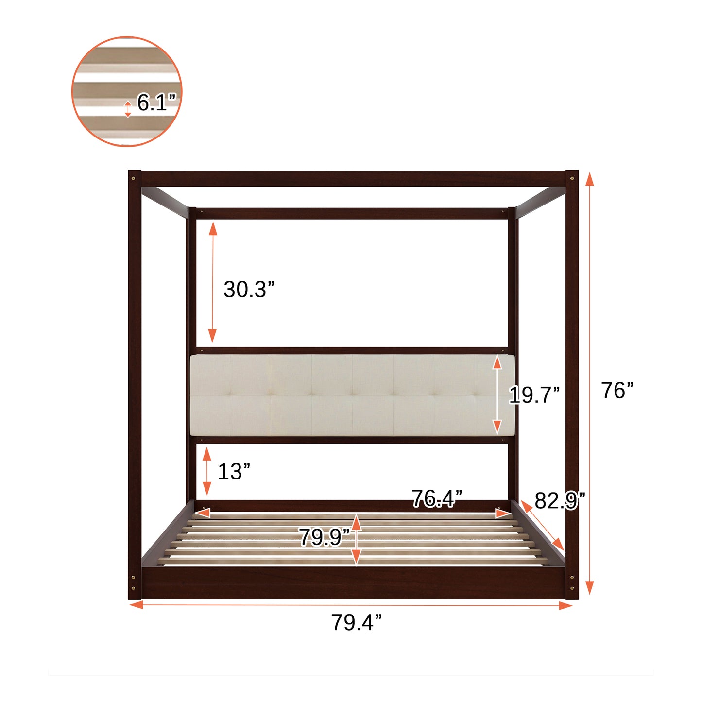 King Size Wooden Canopy Platform Bed with Upholstered Headboard,Espresso