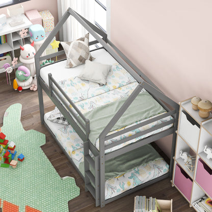 Twin over Twin Low Bunk Bed, House Bed with Ladder , Gray(OLD SKU:WF197808AAE)