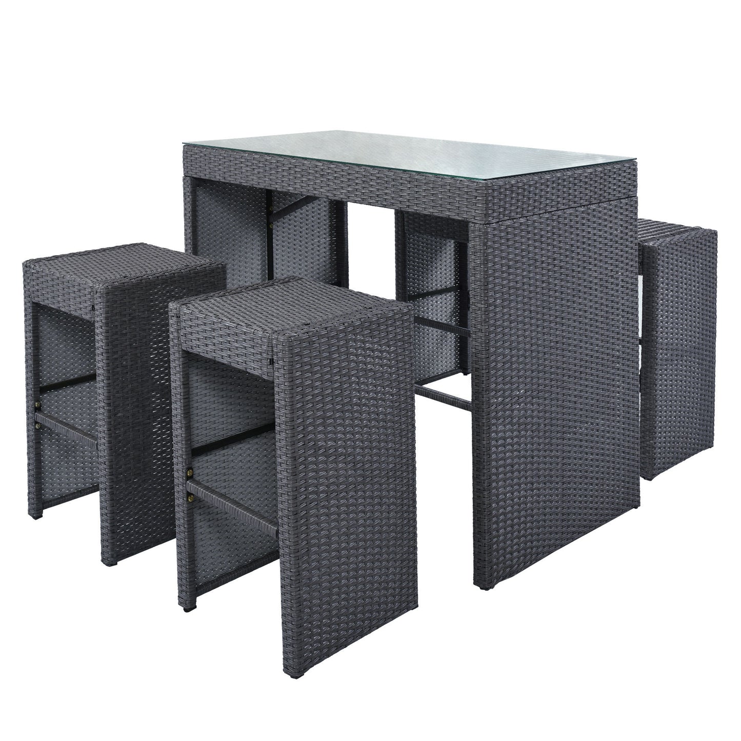 Topmax 5-piece Rattan Outdoor Patio Furniture Set Bar Dining Table Set with 4 Stools, Gray Cushion+Gray Wicker