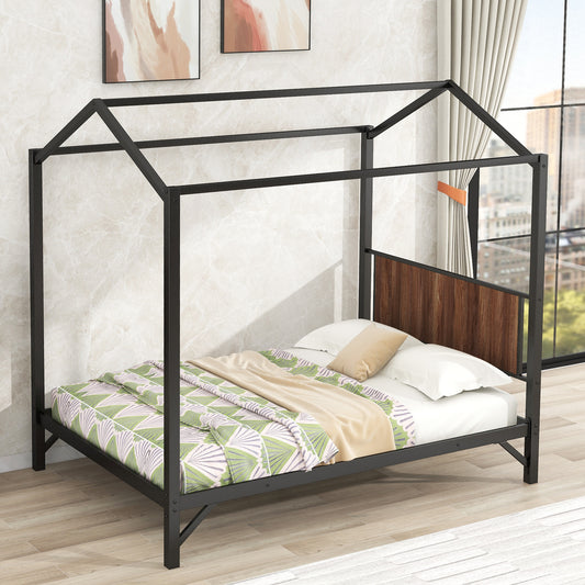 Full Size Metal House Shape Platform Bed,Black