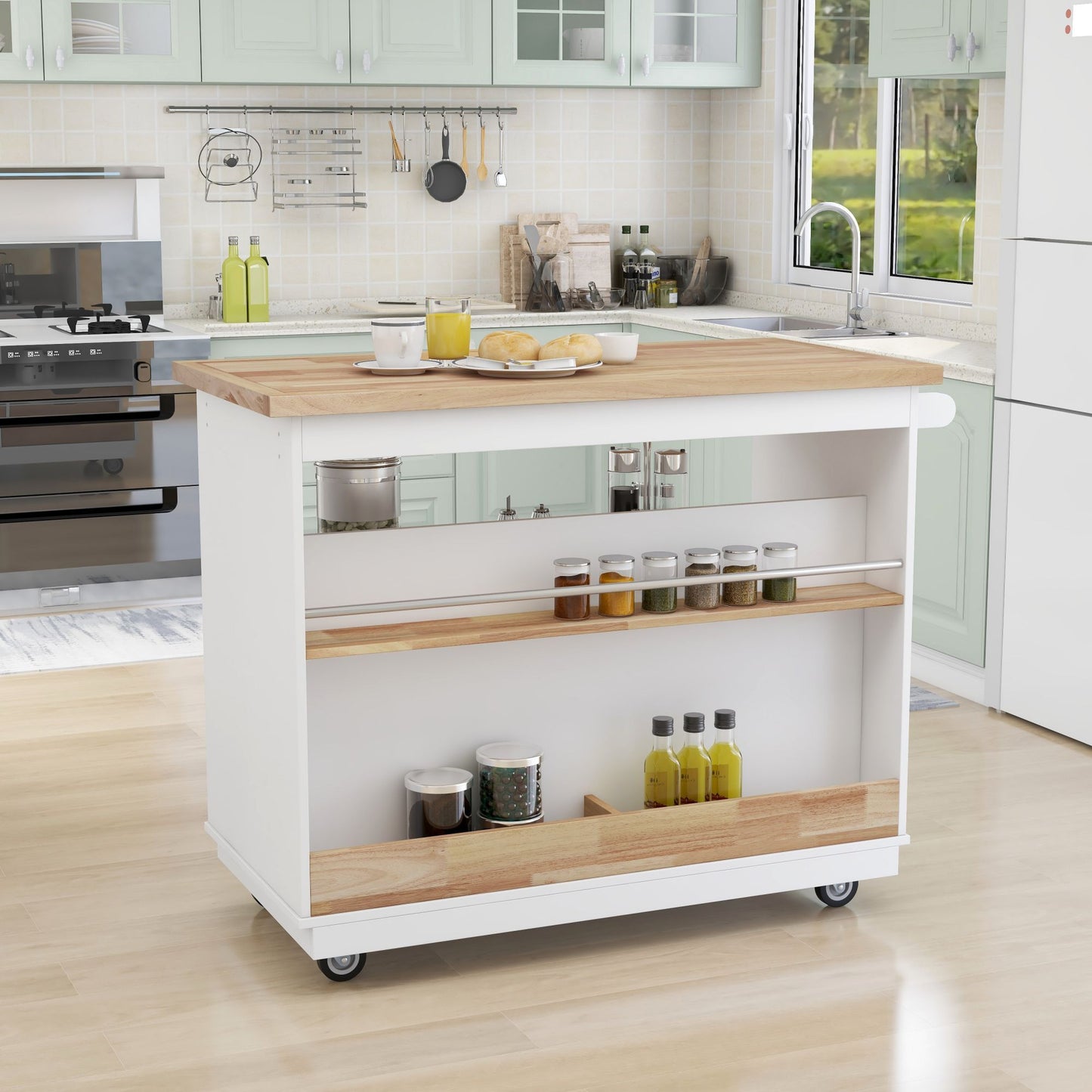 Kitchen Cart Rolling Mobile Kitchen Island Solid Wood Top, Kitchen Cart With 2 Drawers,Tableware Cabinet（White）