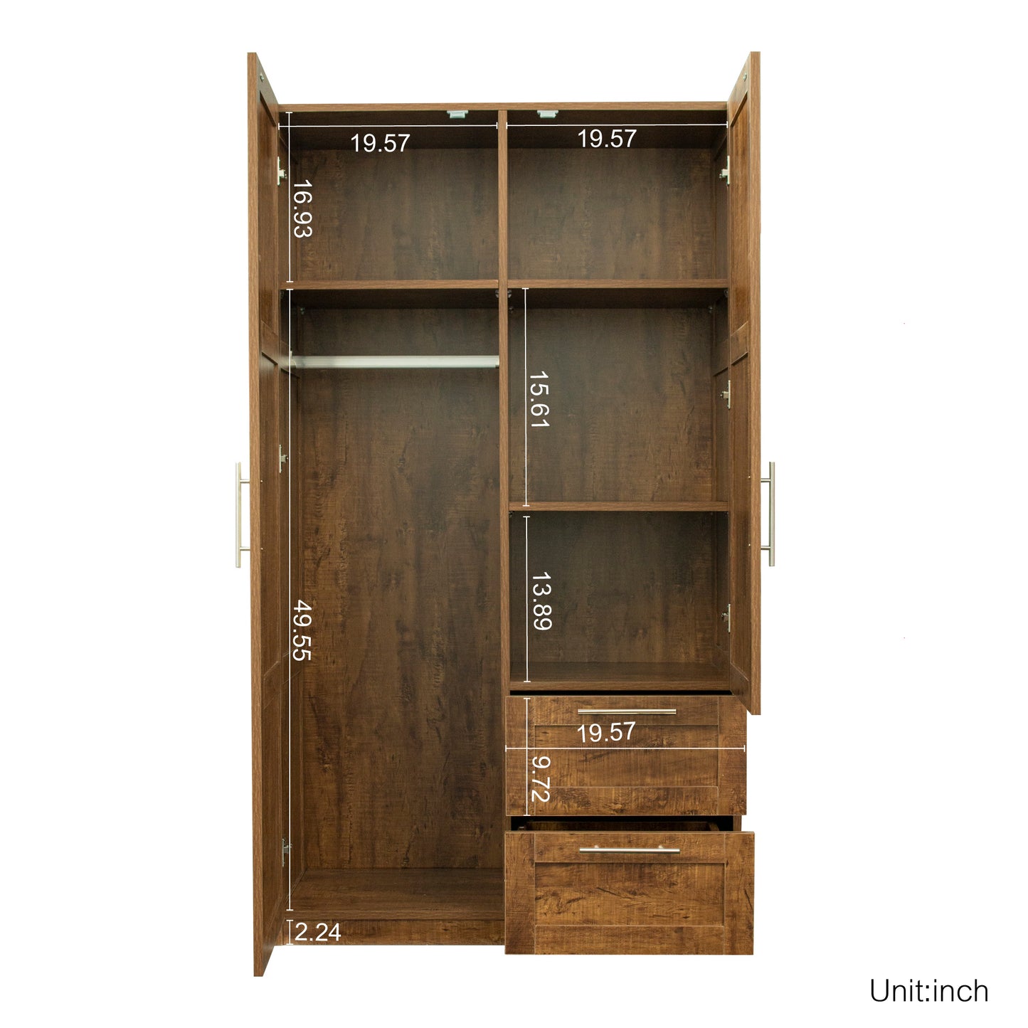 High wardrobe and kitchen cabinet with 2 doors, 2 drawers and 5 storage spaces,walnut