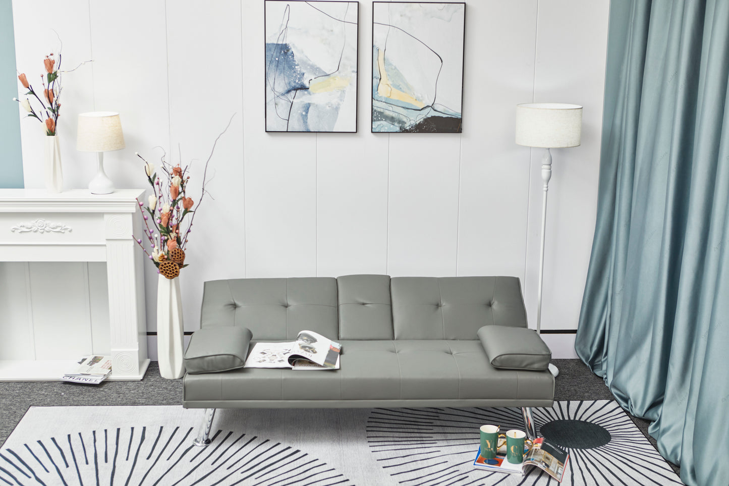 [New+Video] Grey Leather Multifunctional Double Folding Sofa Bed for Office with Coffee Table